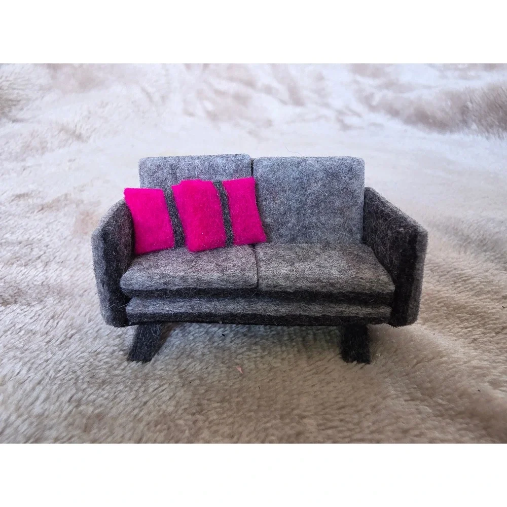 Handmade Felt Sofa Brooch Miniature Grey Couch Pink Pillows Novelty Pin 2.75in